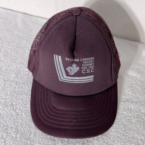 Vintage 1987 Burgundy Western Canadian Hockey Tourney Mesh Back Trucker Hat - Picture 1 of 11
